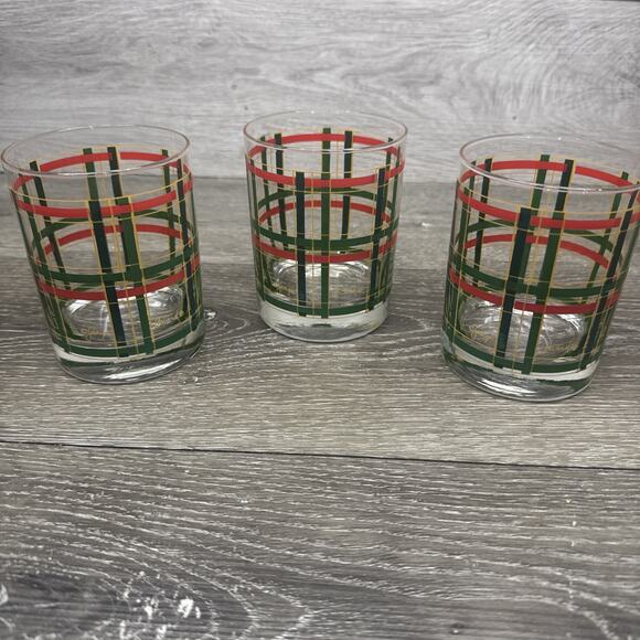 Georges Briard Rocks Glass Double Old Fashioned Red Green Gold Plaid 12oz~4 Pc - Picture 2 of 10